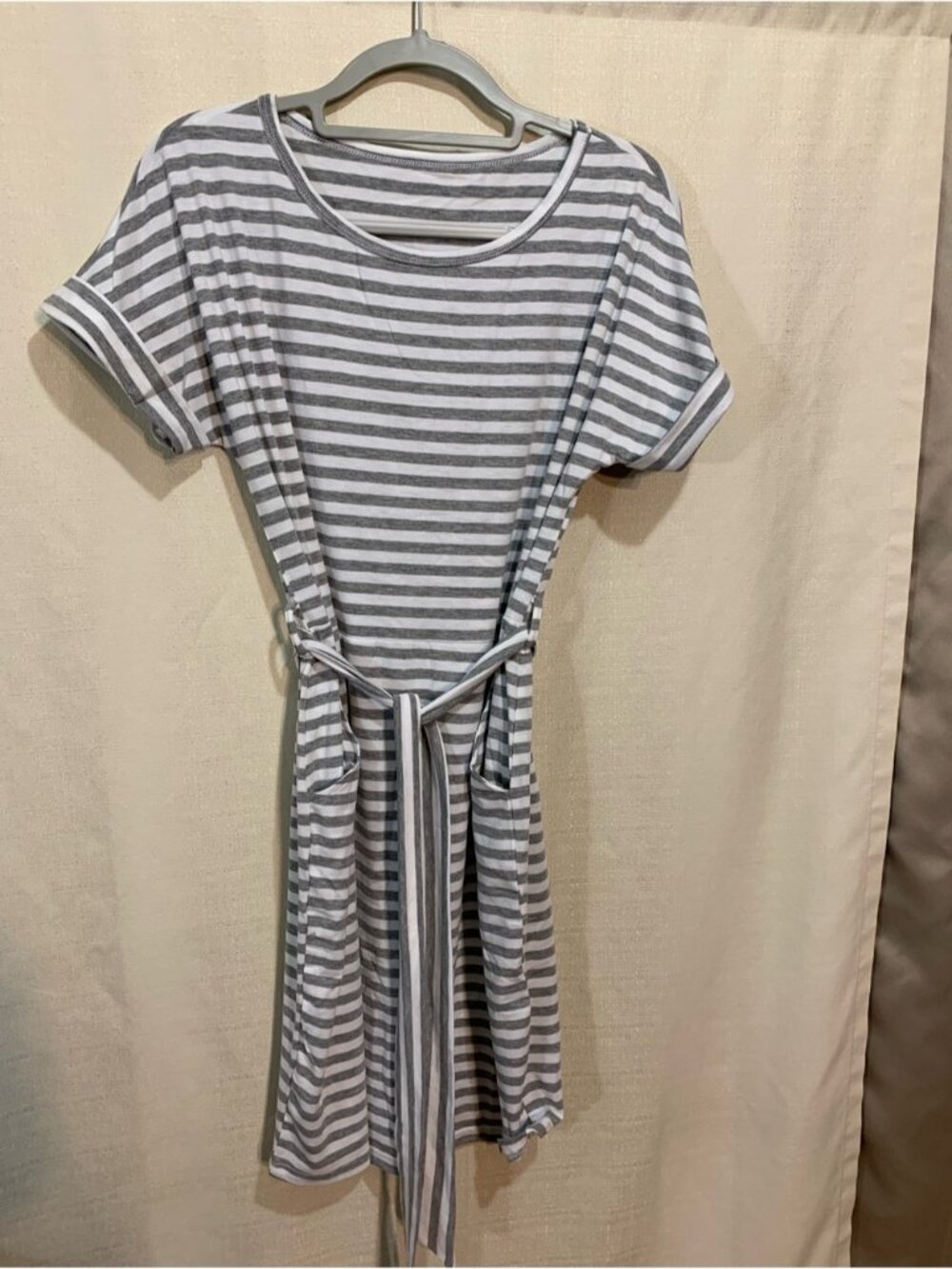 Gray & White Striped Midi Dress with Self Tie Waist a1/36